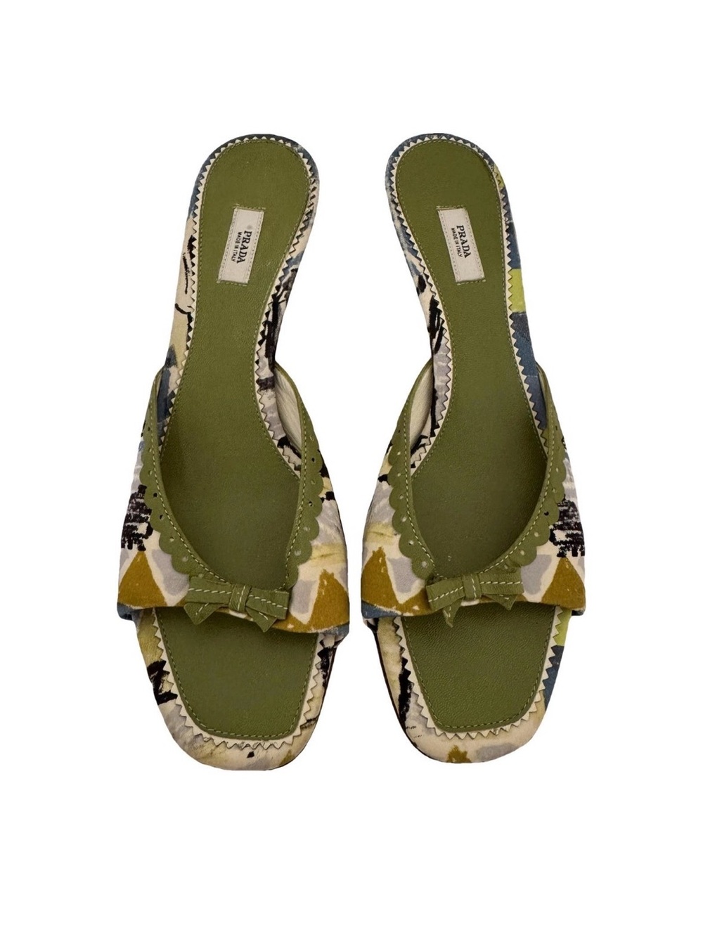 Prada EU 39 Authentic Green Silk Abstract Kitten Heels Vintage Y2K Shoes